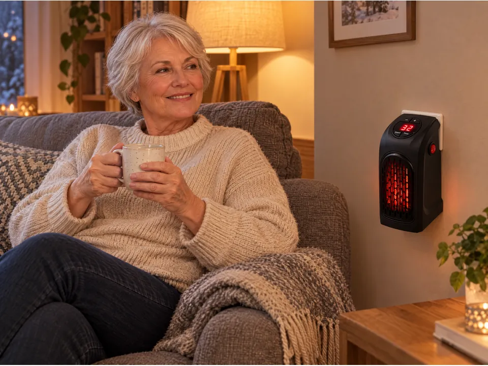 The same woman, smiling and warm next to HeatPal