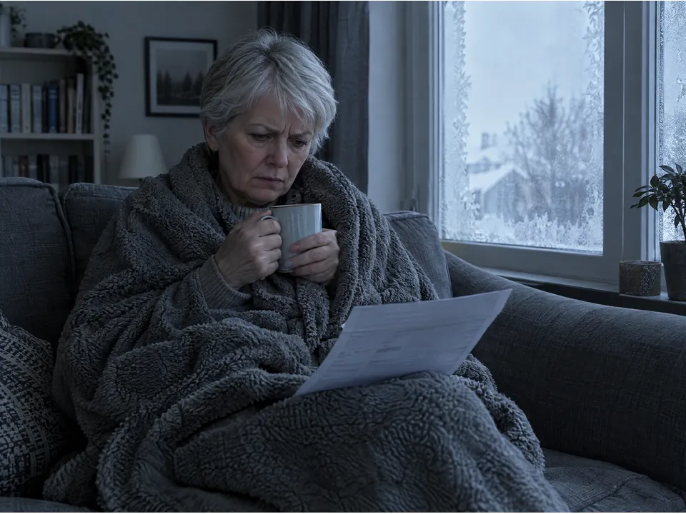 Woman wrapped in a blanket in a cold room